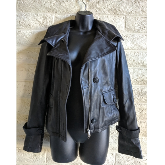 Mackage | leather button & zip black jacket EUC